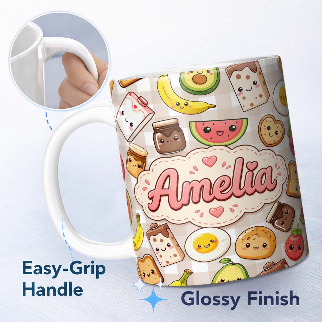 Personalized Custom Name Kawaii Breakfast Food Characters on Beige Check Seamless Pattern 11oz Ceramic Coffee Tea Mug White Large Handle