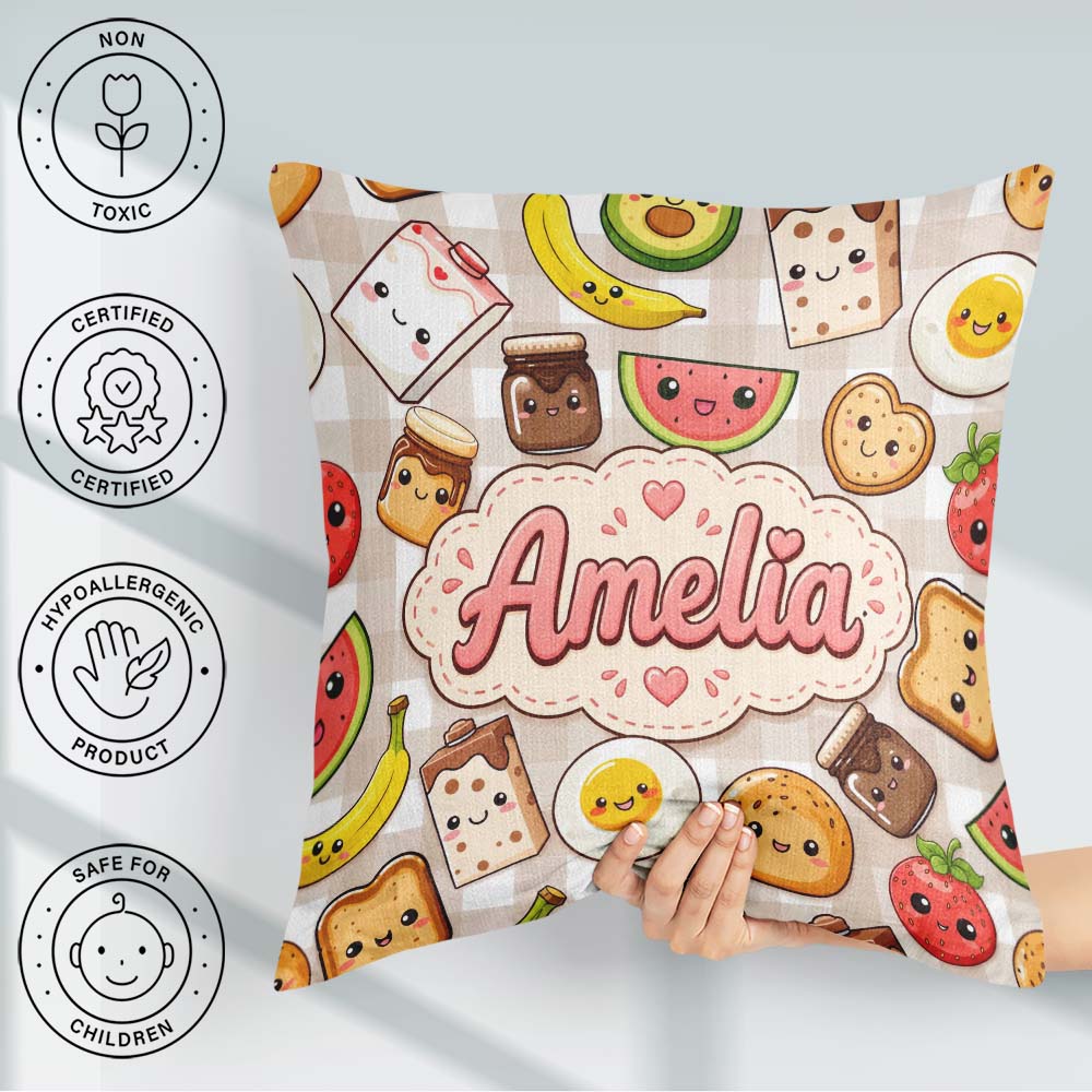 Custom Name Kawaii Breakfast Food Characters Beige Check Pattern Square Filled Cushion Throw Pillow Sofa Bed Home Decor Zip Washable UK Made