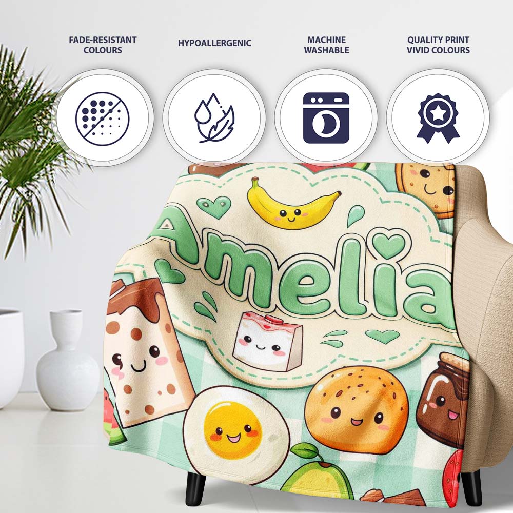 Cute Kawaii Breakfast Food Characters on Mint Check Background Personalised Custom Name Super Soft Fleece Blanket Bed Sofa Throw