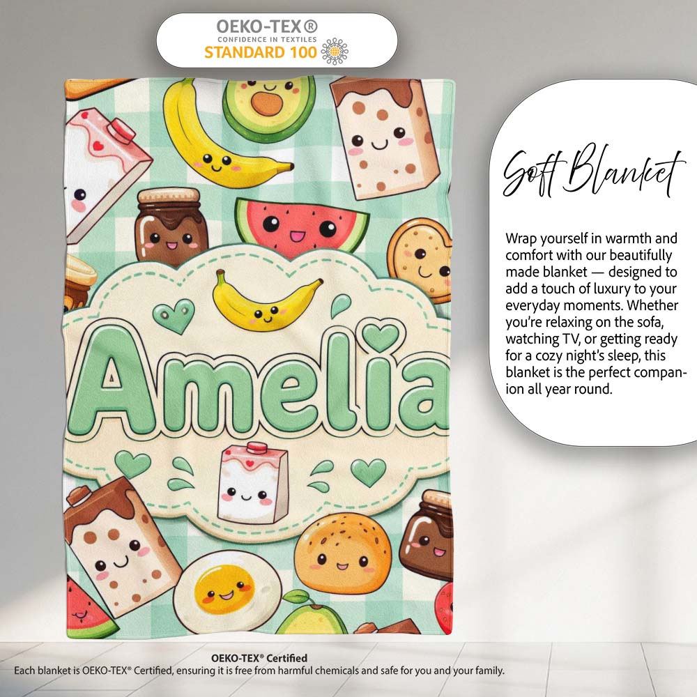 Cute Kawaii Breakfast Food Characters on Mint Check Background Personalised Custom Name Super Soft Fleece Blanket Bed Sofa Throw