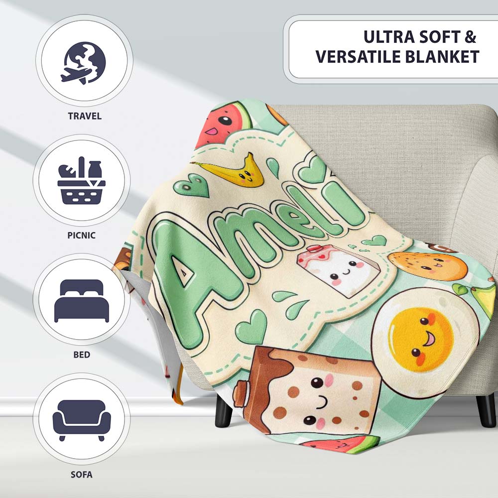 Cute Kawaii Breakfast Food Characters on Mint Check Background Personalised Custom Name Super Soft Fleece Blanket Bed Sofa Throw