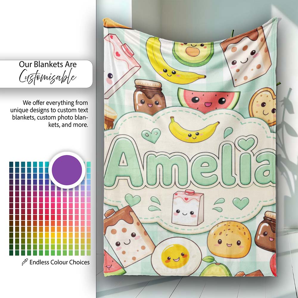 Cute Kawaii Breakfast Food Characters on Mint Check Background Personalised Custom Name Super Soft Fleece Blanket Bed Sofa Throw