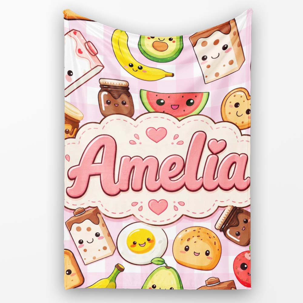 Cute Kawaii Breakfast Food Characters on Pink Check Background Personalised Custom Name Super Soft Fleece Blanket Bed Sofa Throw