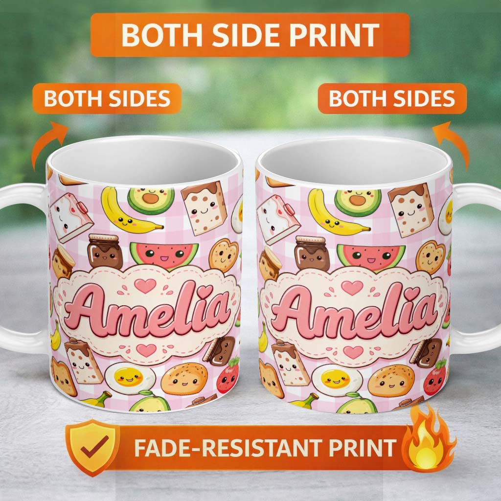 Personalized Custom Name Cute Kawaii Breakfast Food Characters on Pink Check Background 11oz Ceramic Coffee Tea Mug White Large Handle