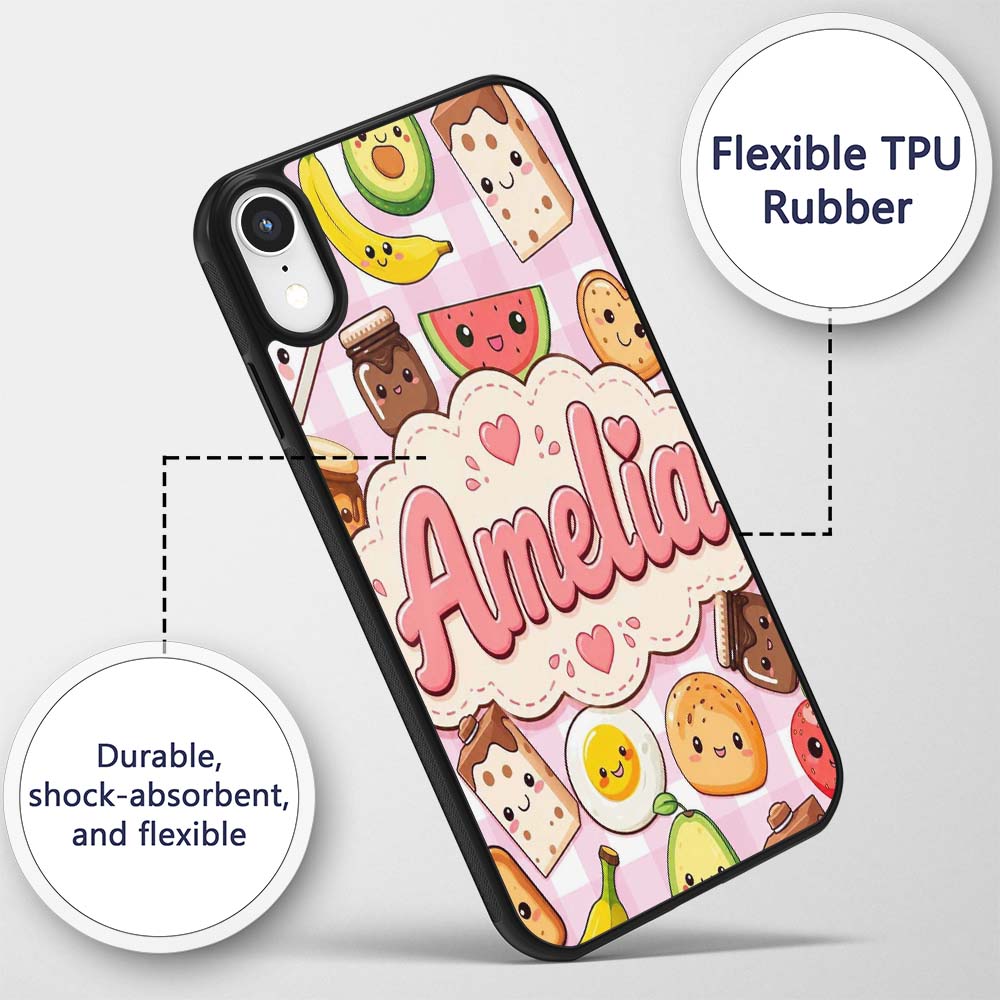Cute Kawaii Breakfast Food Characters on Pink Custom Name Protective Phone Case Mobile Cover Durable Everyday Smartphone Shock Resistant
