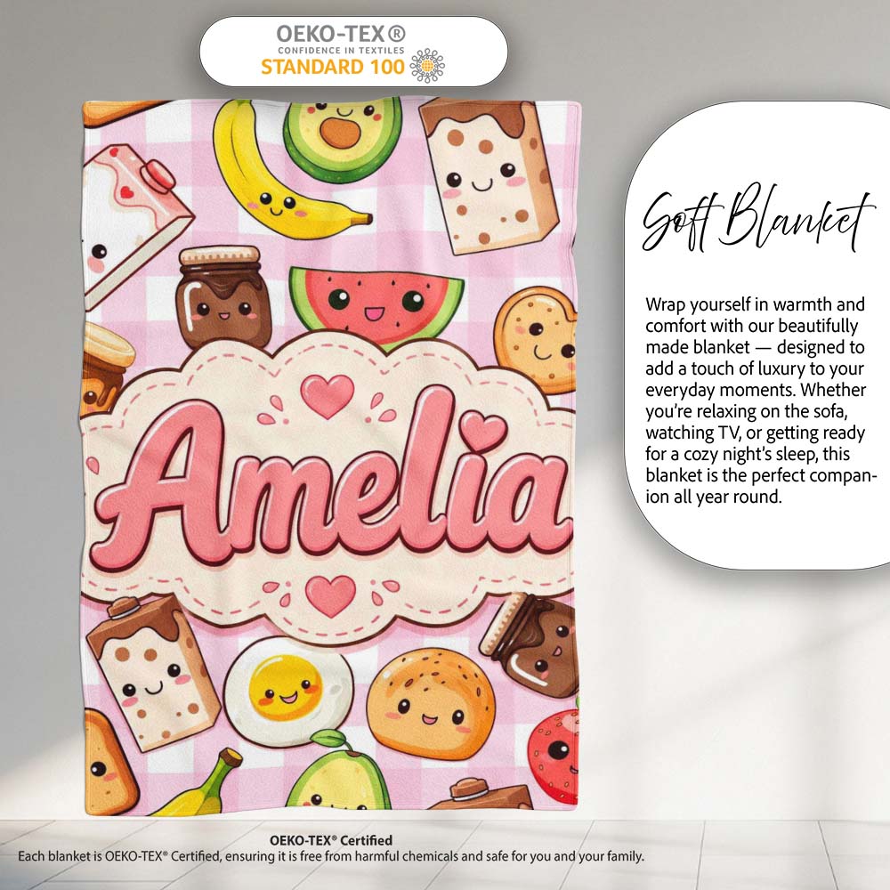 Cute Kawaii Breakfast Food Characters on Pink Check Background Personalised Custom Name Super Soft Fleece Blanket Bed Sofa Throw