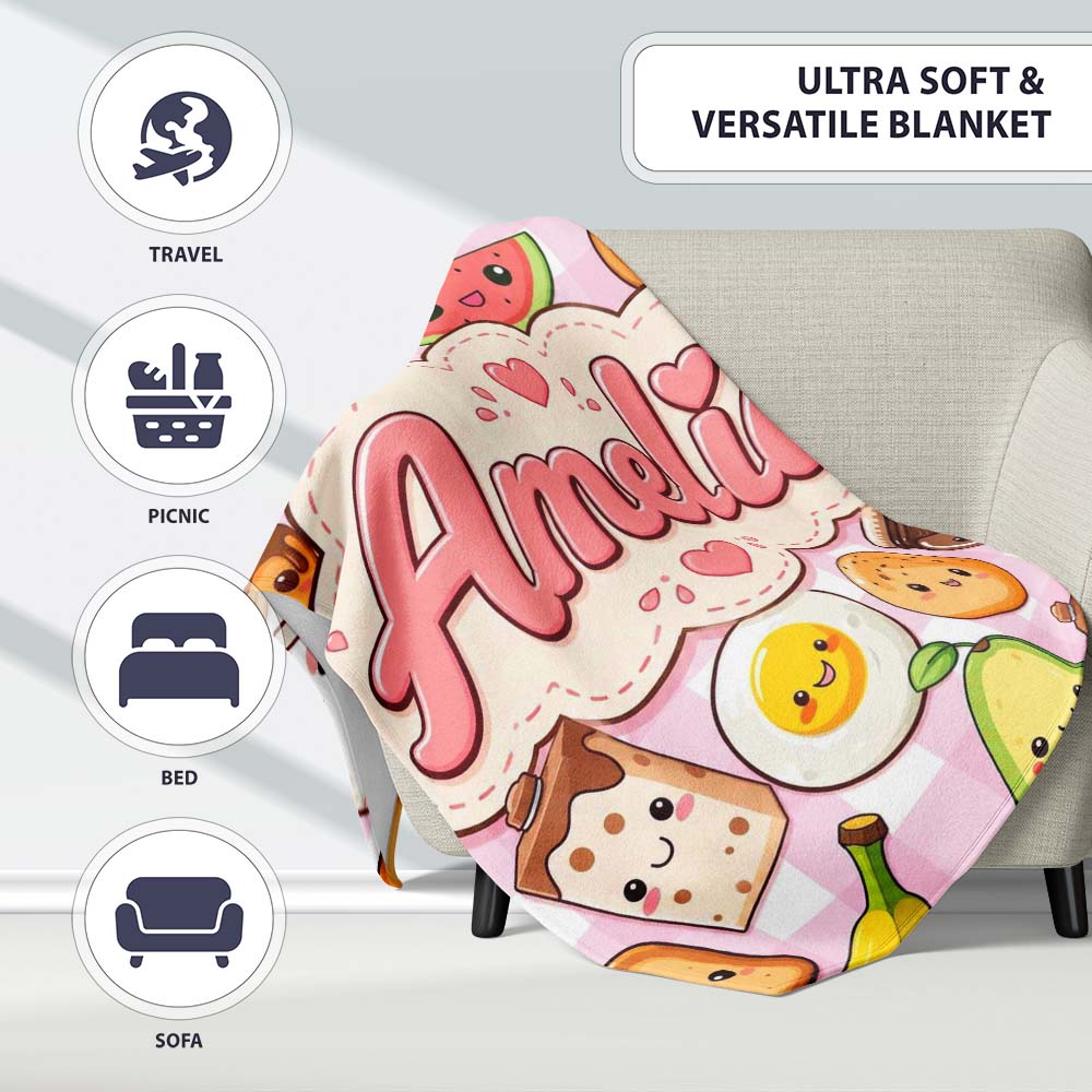 Cute Kawaii Breakfast Food Characters on Pink Check Background Personalised Custom Name Super Soft Fleece Blanket Bed Sofa Throw