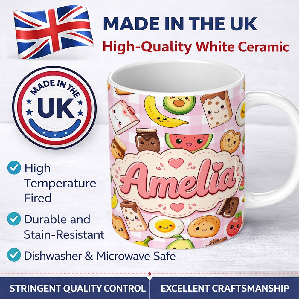 Personalized Custom Name Cute Kawaii Breakfast Food Characters on Pink Check Background 11oz Ceramic Coffee Tea Mug White Large Handle