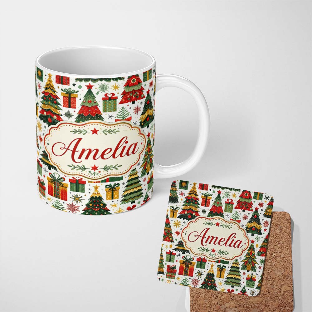 Personalized Custom Name Festive Christmas Trees Gifts Presents Red Green Seamless Pattern 11oz Ceramic Coffee Tea Mug White Large Handle