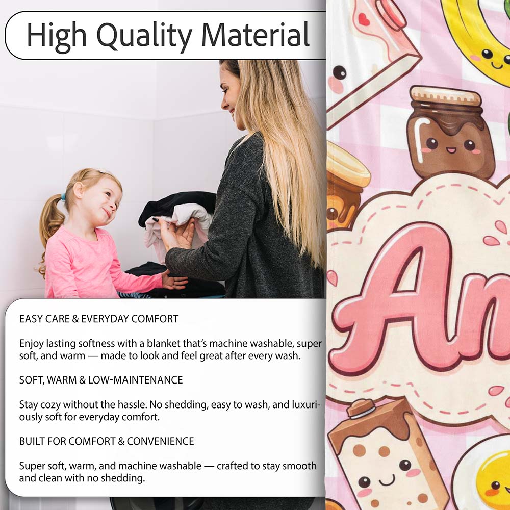 Cute Kawaii Breakfast Food Characters on Pink Check Background Personalised Custom Name Super Soft Fleece Blanket Bed Sofa Throw