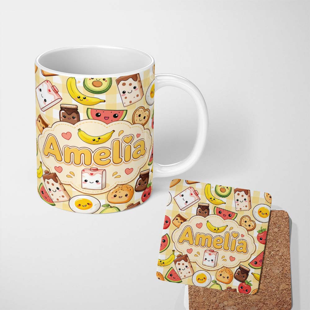 Personalized Custom Name Kawaii Breakfast Food Characters on Yellow Check Seamless Pattern 11oz Ceramic Coffee Tea Mug White Large Handle