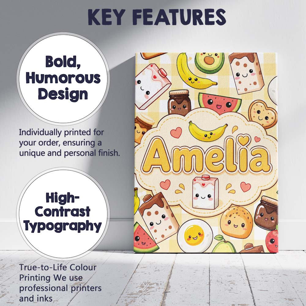 Personalised Name Kawaii Breakfast Food Custom Modern Room Accent Elegant Feature Canvas Wall Art Print Decor Picture Ready to Hang