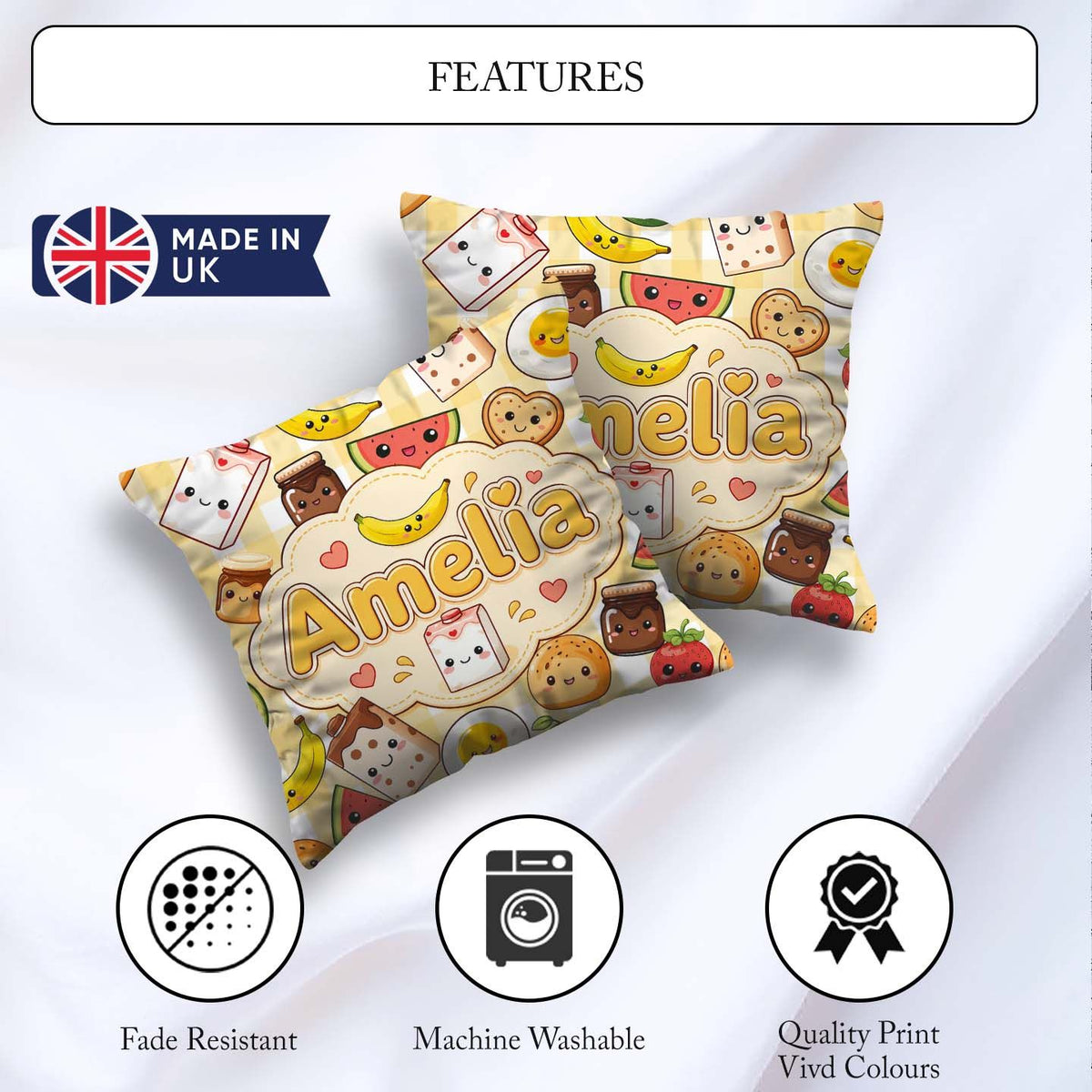 Custom Name Kawaii Breakfast Characters on Yellow Check Seamless Square Filled Cushion Throw Pillow Sofa Bed Home Decor Zip Washable UK Made