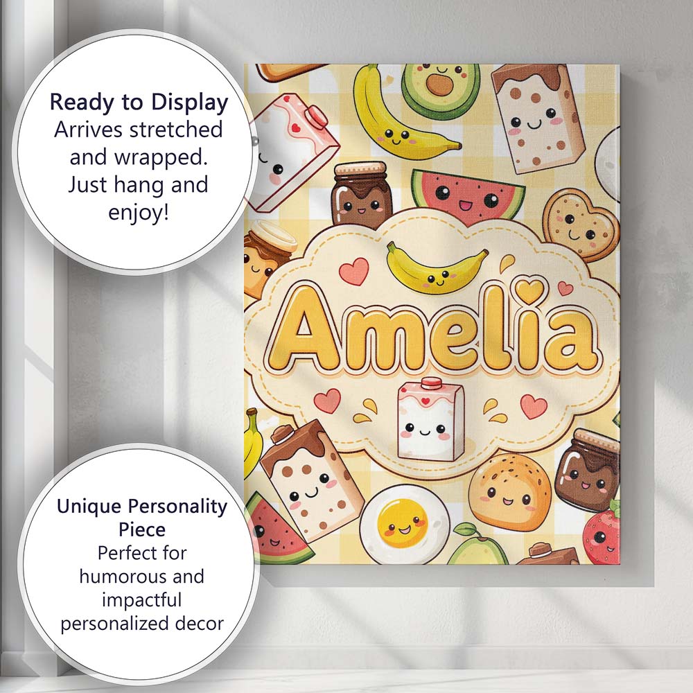 Personalised Name Kawaii Breakfast Food Custom Modern Room Accent Elegant Feature Canvas Wall Art Print Decor Picture Ready to Hang
