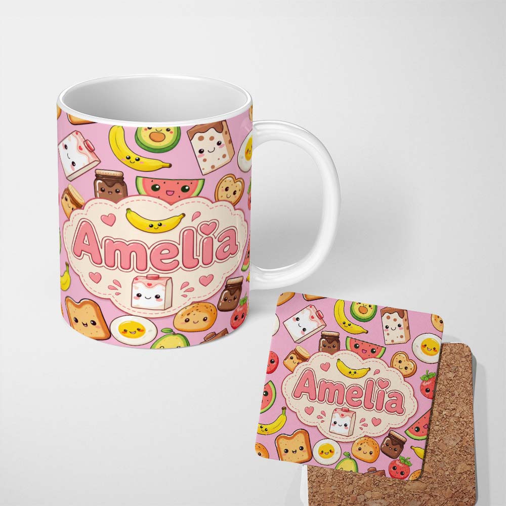 Personalized Custom Name Cute Kawaii Breakfast Food Characters on Soft Pink Background 11oz Ceramic Coffee Tea Mug White Large Handle