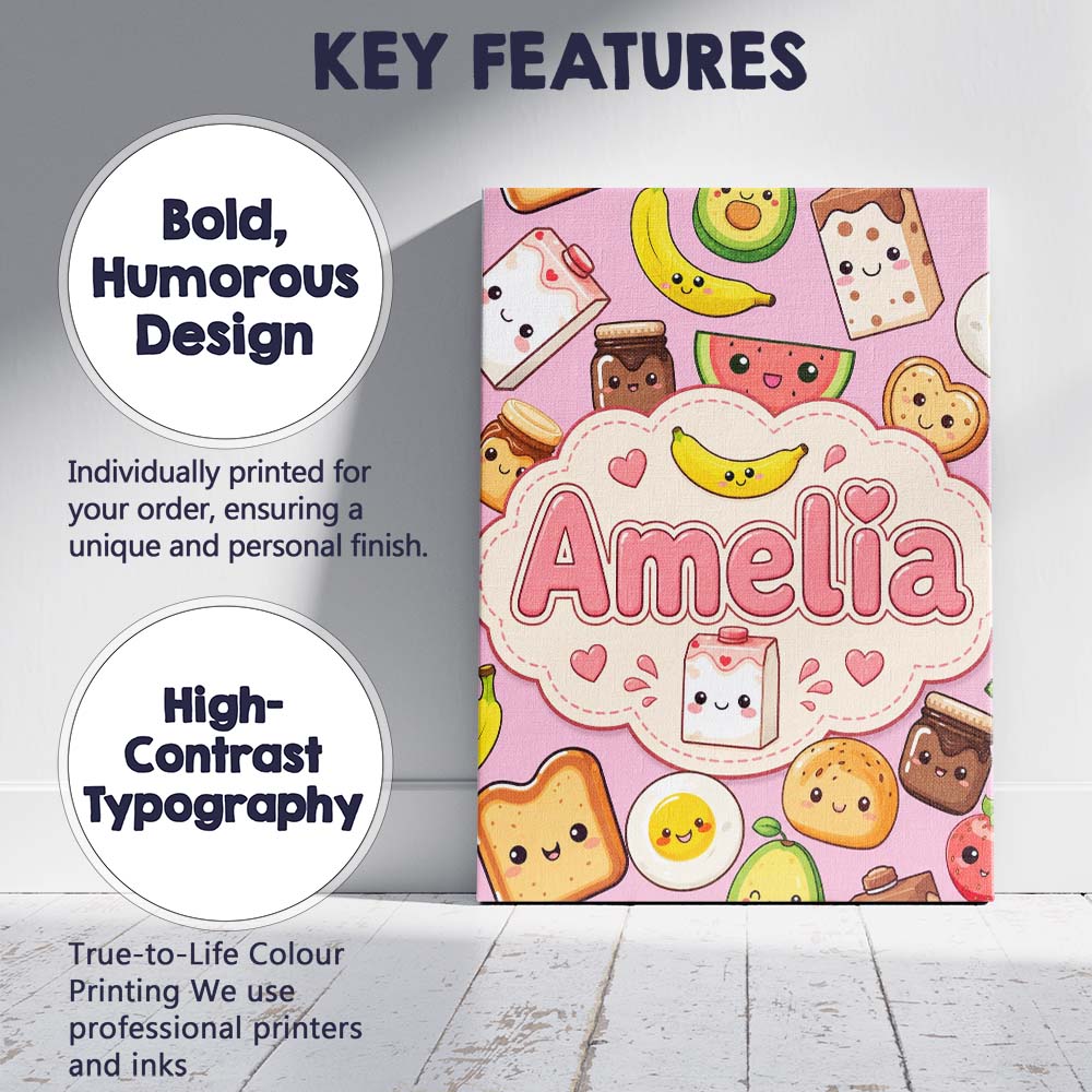 Personalised Name Cute Kawaii Breakfast Custom Modern Room Accent Elegant Feature Canvas Wall Art Print Decor Picture Ready to Hang