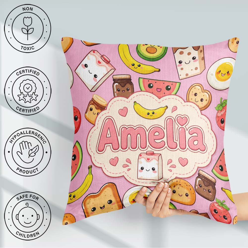 Custom Name Cute Kawaii Food Characters on Soft Pink Background Square Filled Cushion Throw Pillow Sofa Bed Home Decor Zip Washable UK Made