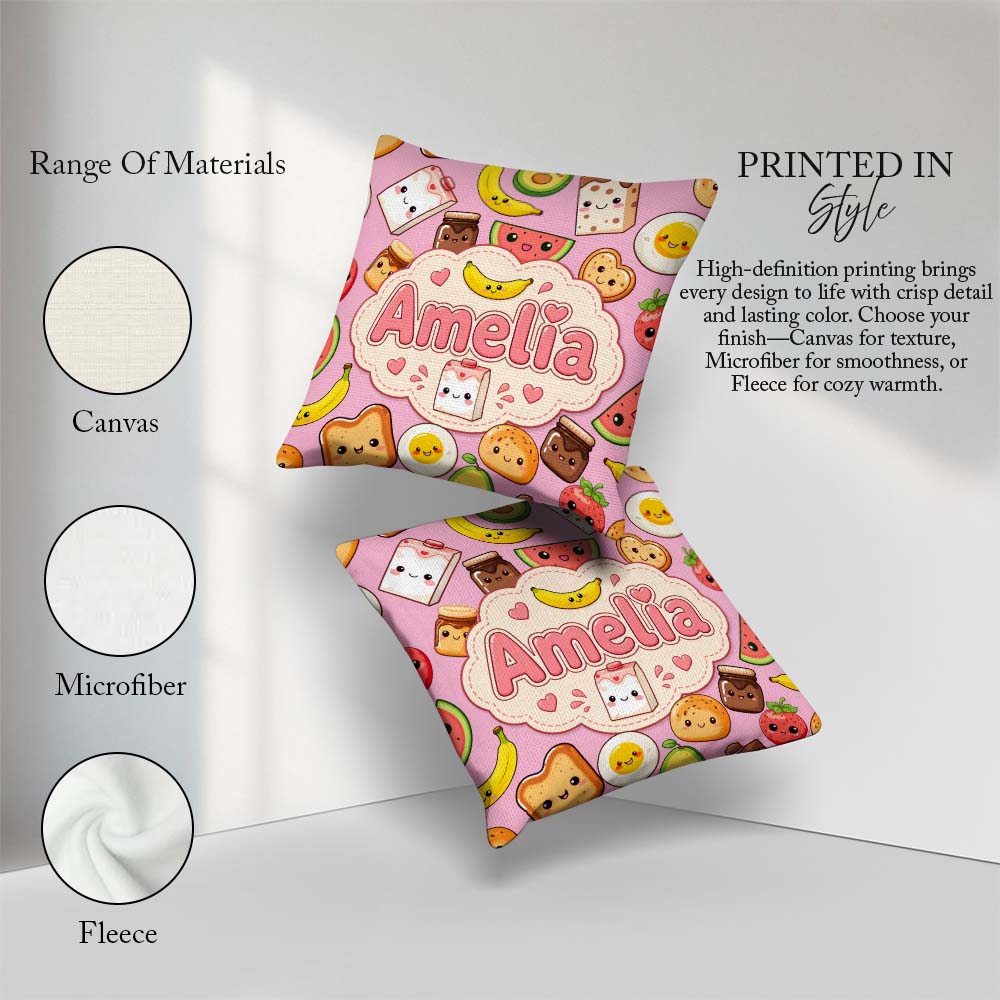 Custom Name Cute Kawaii Food Characters on Soft Pink Background Square Filled Cushion Throw Pillow Sofa Bed Home Decor Zip Washable UK Made