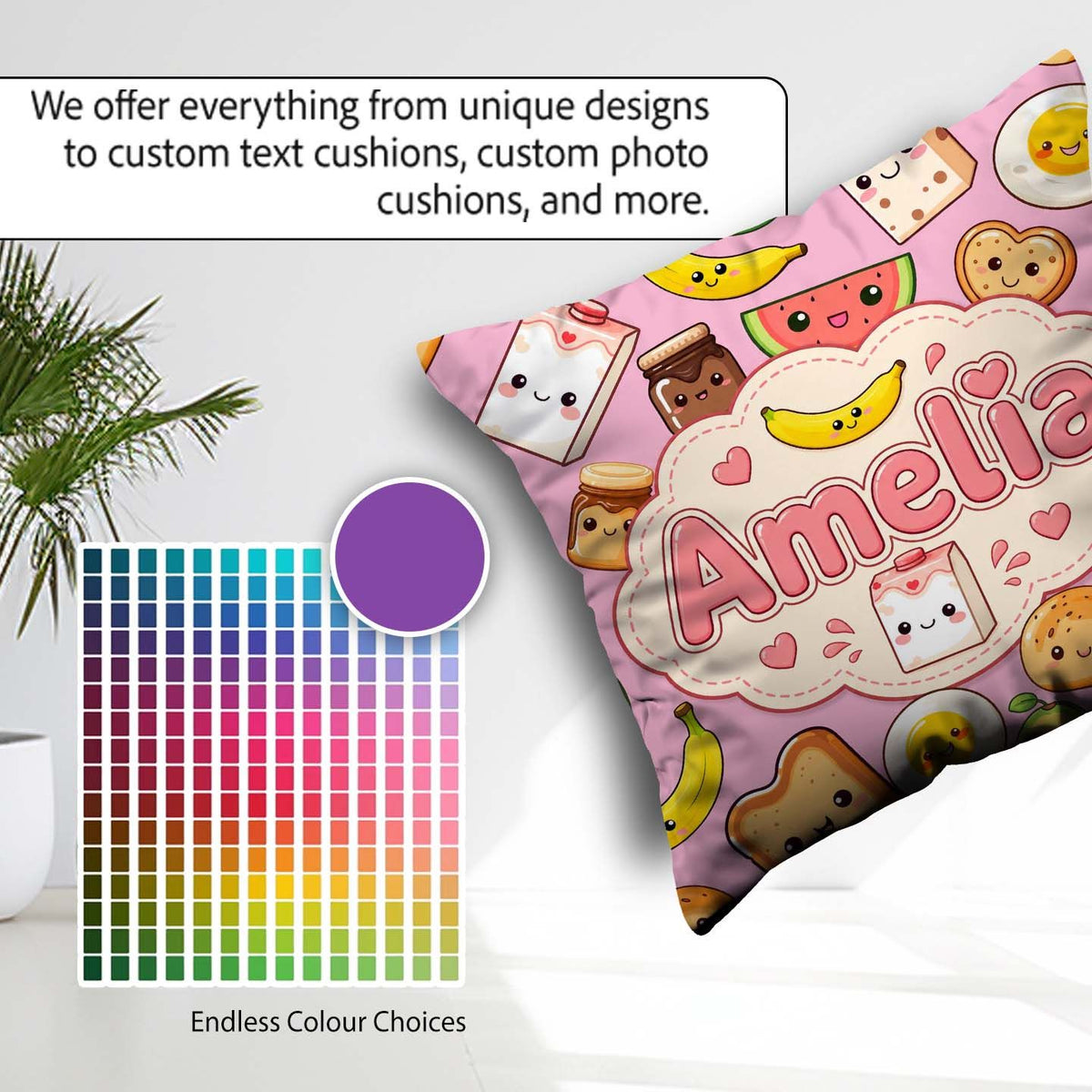 Custom Name Cute Kawaii Food Characters on Soft Pink Background Square Filled Cushion Throw Pillow Sofa Bed Home Decor Zip Washable UK Made