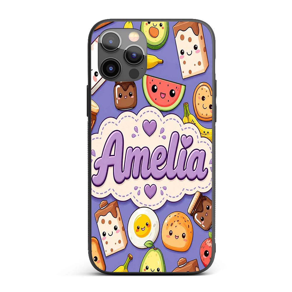 Cute Kawaii Breakfast Food Characters on Purple Custom Name Protective Phone Case Mobile Cover Durable Everyday Smartphone Shock Resistant