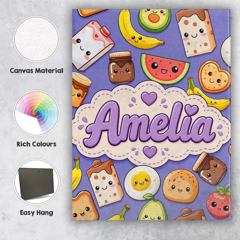 Personalised Name Cute Kawaii Breakfast Custom Modern Room Accent Elegant Feature Canvas Wall Art Print Decor Picture Ready to Hang