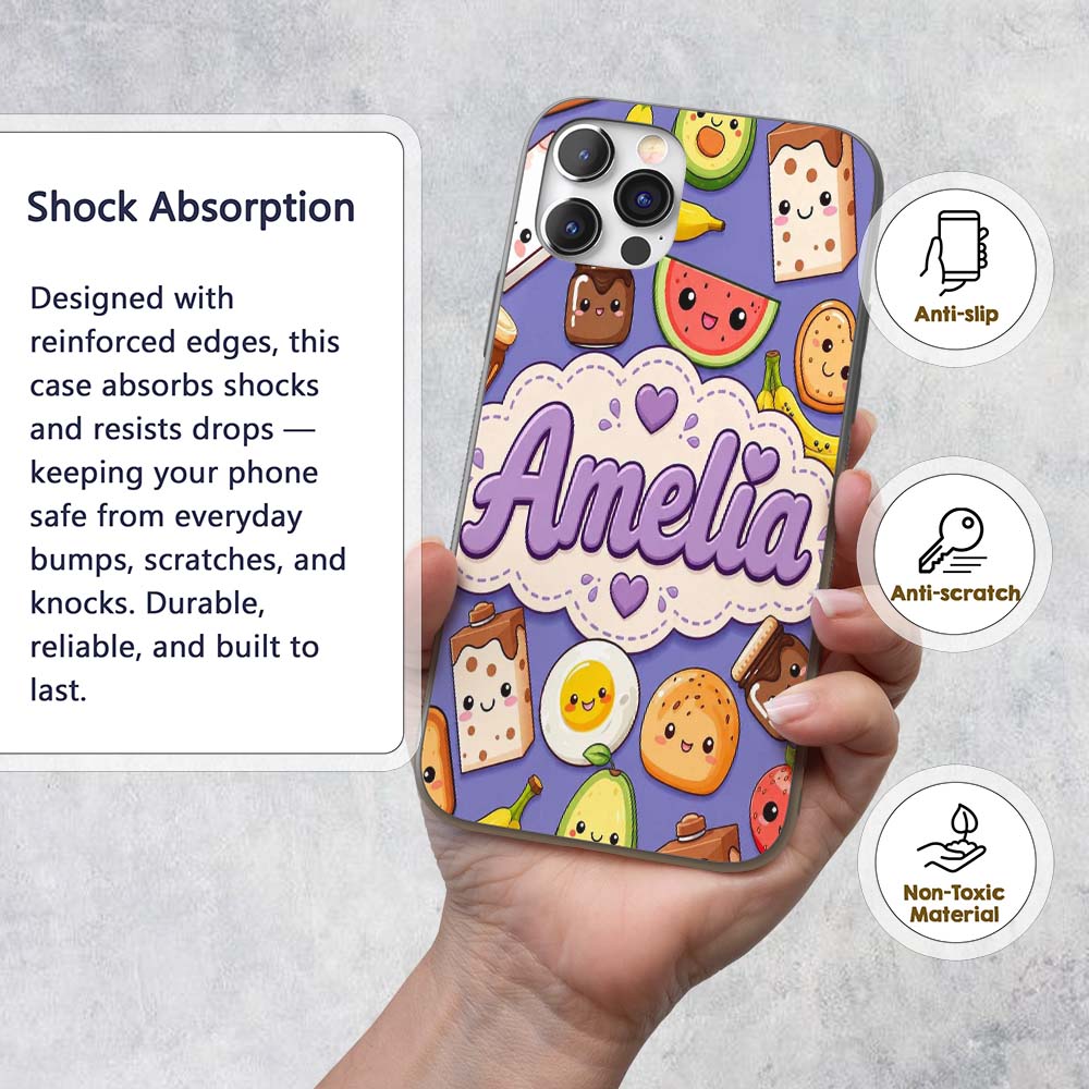 Cute Kawaii Breakfast Food Characters on Purple Custom Name Protective Phone Case Mobile Cover Durable Everyday Smartphone Shock Resistant