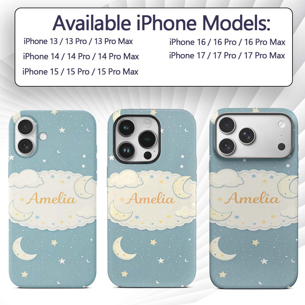 Light Blue Night Sky Moon Hanging Stars Cute Custom Name Protective Phone Case Mobile Cover Durable Everyday Smartphone Shock Resistant