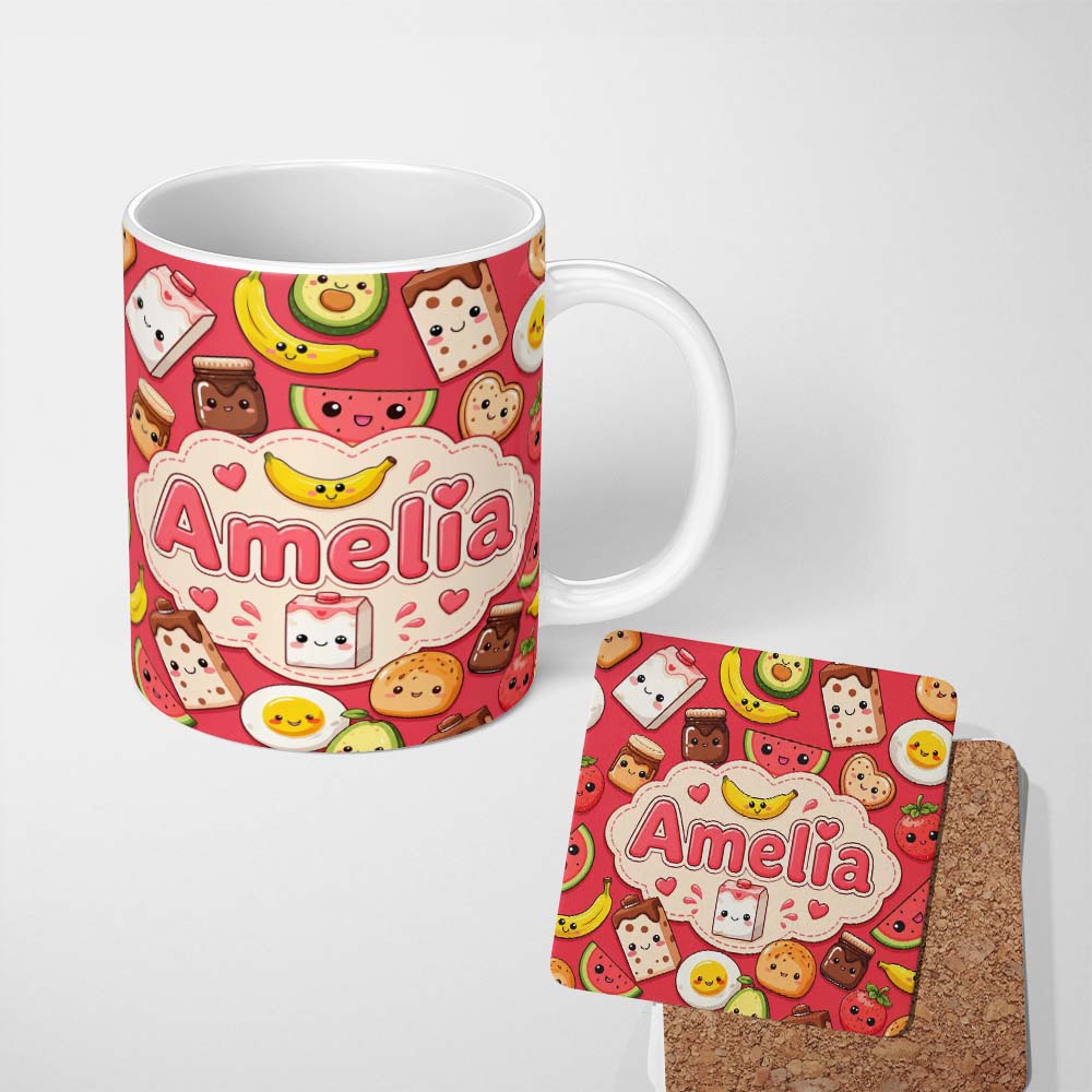 Personalized Custom Name Cute Kawaii Breakfast Food Characters on Red Background Seamless 11oz Ceramic Coffee Tea Mug White Large Handle