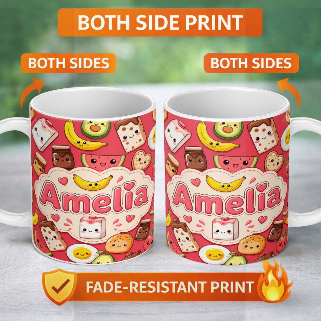 Personalized Custom Name Cute Kawaii Breakfast Food Characters on Red Background Seamless 11oz Ceramic Coffee Tea Mug White Large Handle