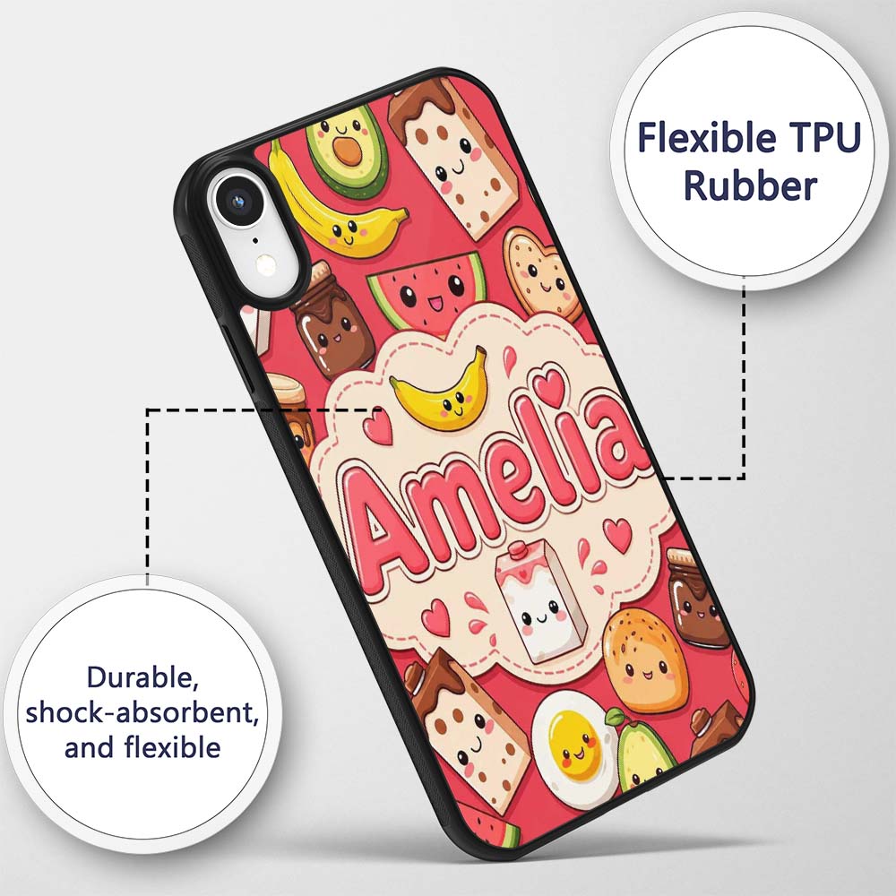 Cute Kawaii Breakfast Food Characters on Red Custom Name Protective Phone Case Mobile Cover Durable Everyday Smartphone Shock Resistant