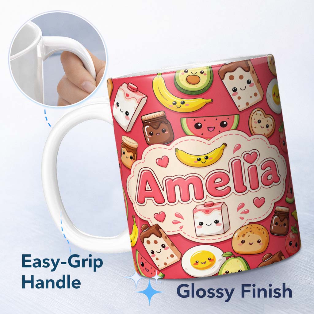 Personalized Custom Name Cute Kawaii Breakfast Food Characters on Red Background Seamless 11oz Ceramic Coffee Tea Mug White Large Handle