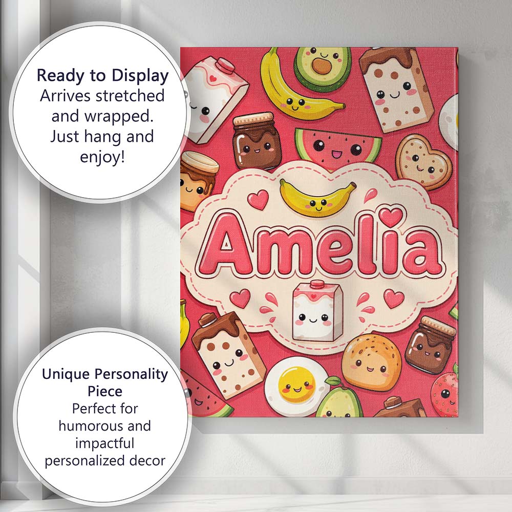 Personalised Name Cute Kawaii Breakfast Custom Modern Room Accent Elegant Feature Canvas Wall Art Print Decor Picture Ready to Hang