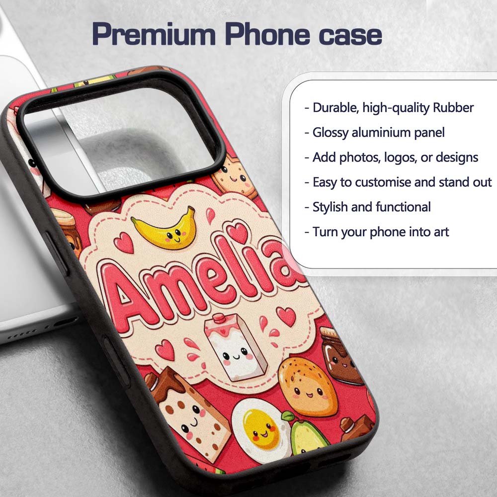 Cute Kawaii Breakfast Food Characters on Red Custom Name Protective Phone Case Mobile Cover Durable Everyday Smartphone Shock Resistant