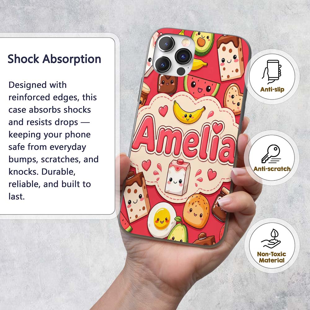 Cute Kawaii Breakfast Food Characters on Red Custom Name Protective Phone Case Mobile Cover Durable Everyday Smartphone Shock Resistant