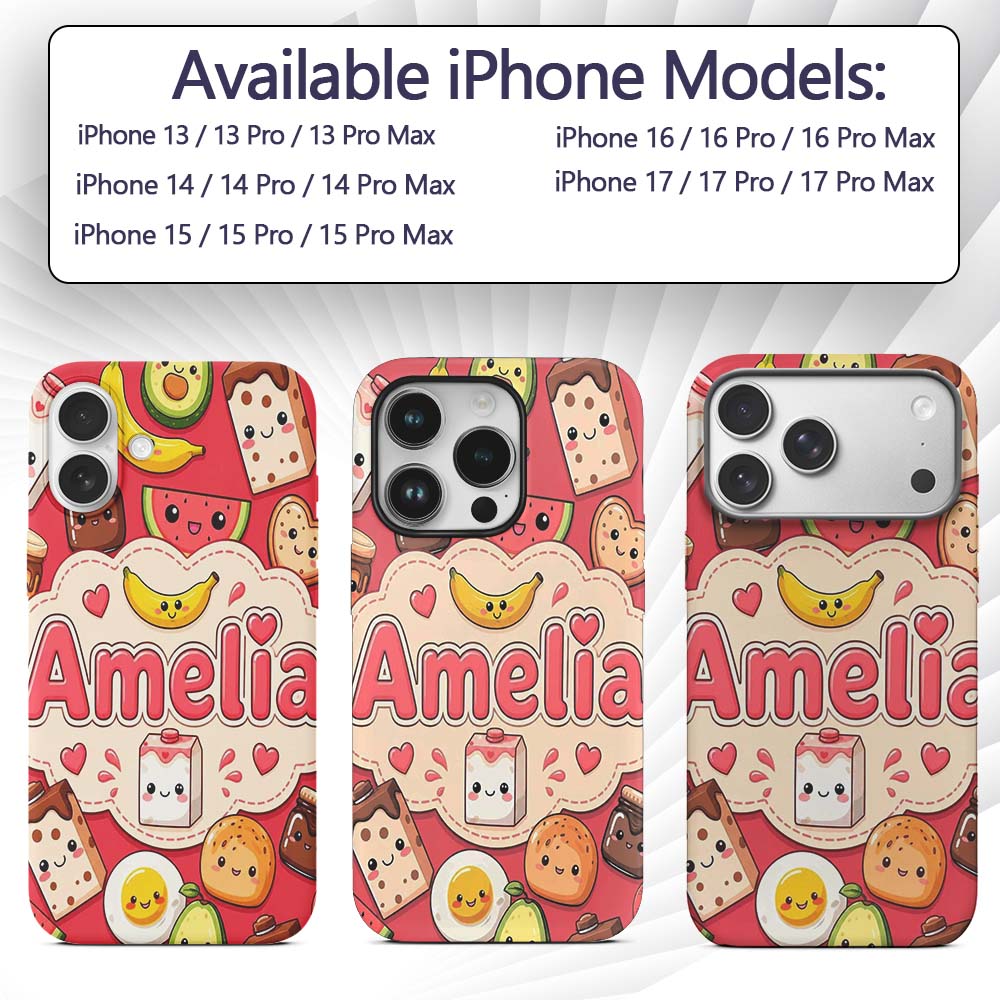 Cute Kawaii Breakfast Food Characters on Red Custom Name Protective Phone Case Mobile Cover Durable Everyday Smartphone Shock Resistant
