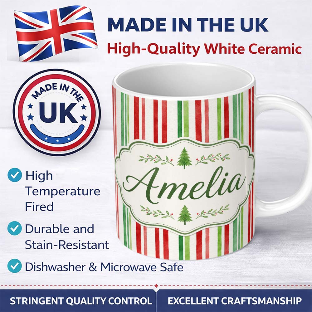 Personalized Custom Name Watercolor Vertical Red and Green Stripe Pattern Classic Lovely 11oz Ceramic Coffee Tea Mug White Large Handle