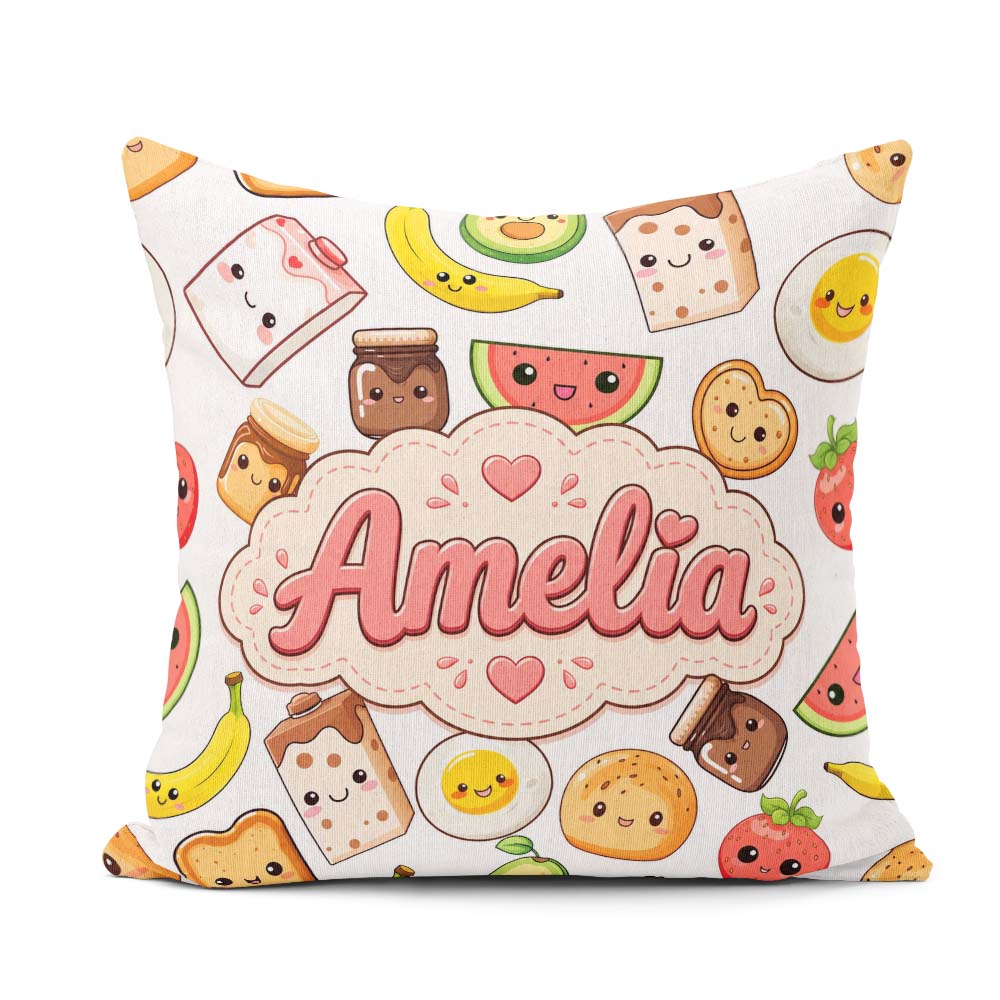 Custom Name Kawaii Breakfast Food Characters on White Background Square Filled Cushion Throw Pillow Sofa Bed Home Decor Zip Washable UK Made