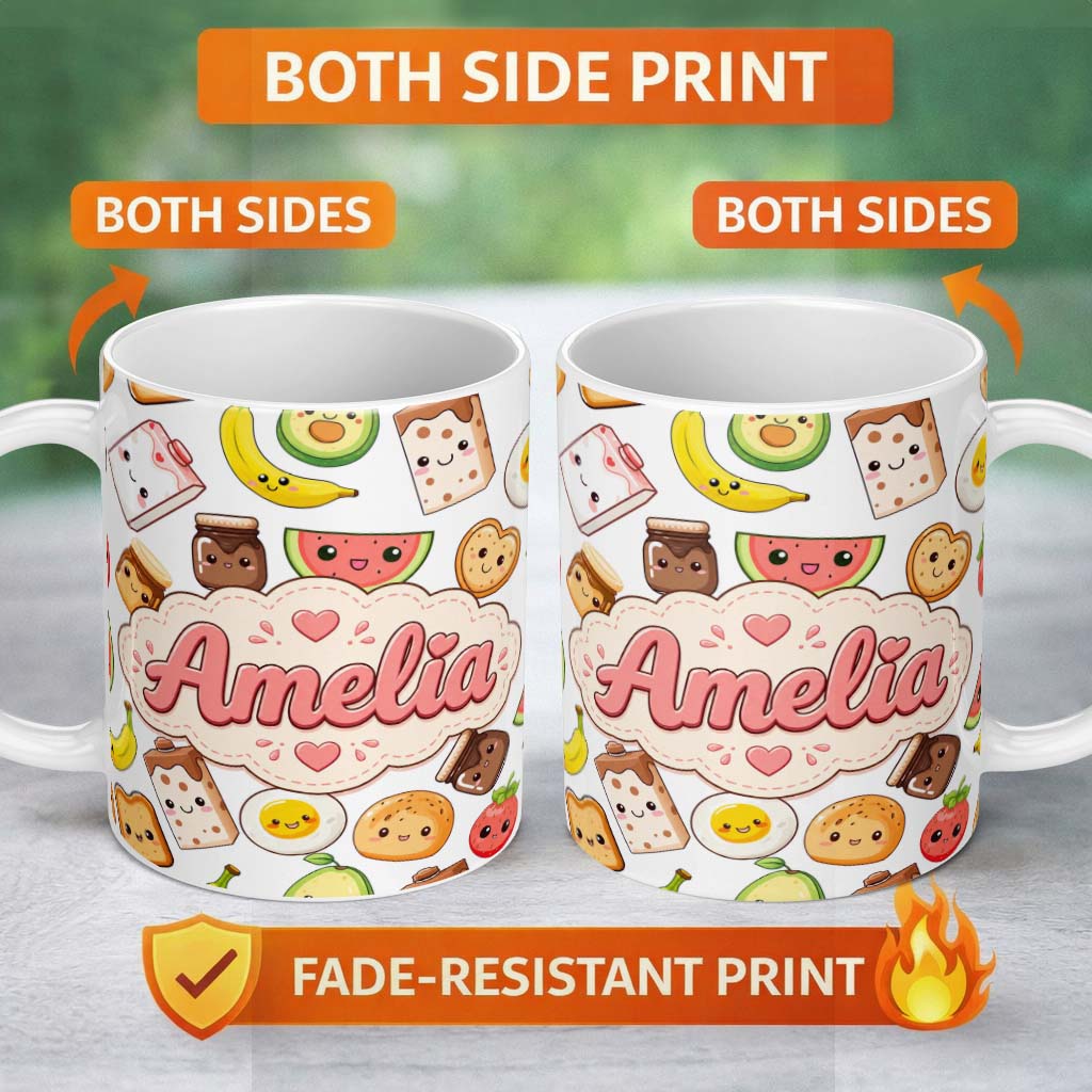 Personalized Custom Name Cute Kawaii Breakfast Food Characters on White Background Seamless 11oz Ceramic Coffee Tea Mug White Large Handle