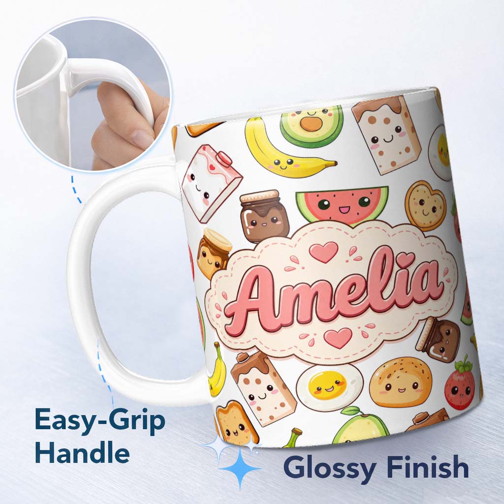 Personalized Custom Name Cute Kawaii Breakfast Food Characters on White Background Seamless 11oz Ceramic Coffee Tea Mug White Large Handle