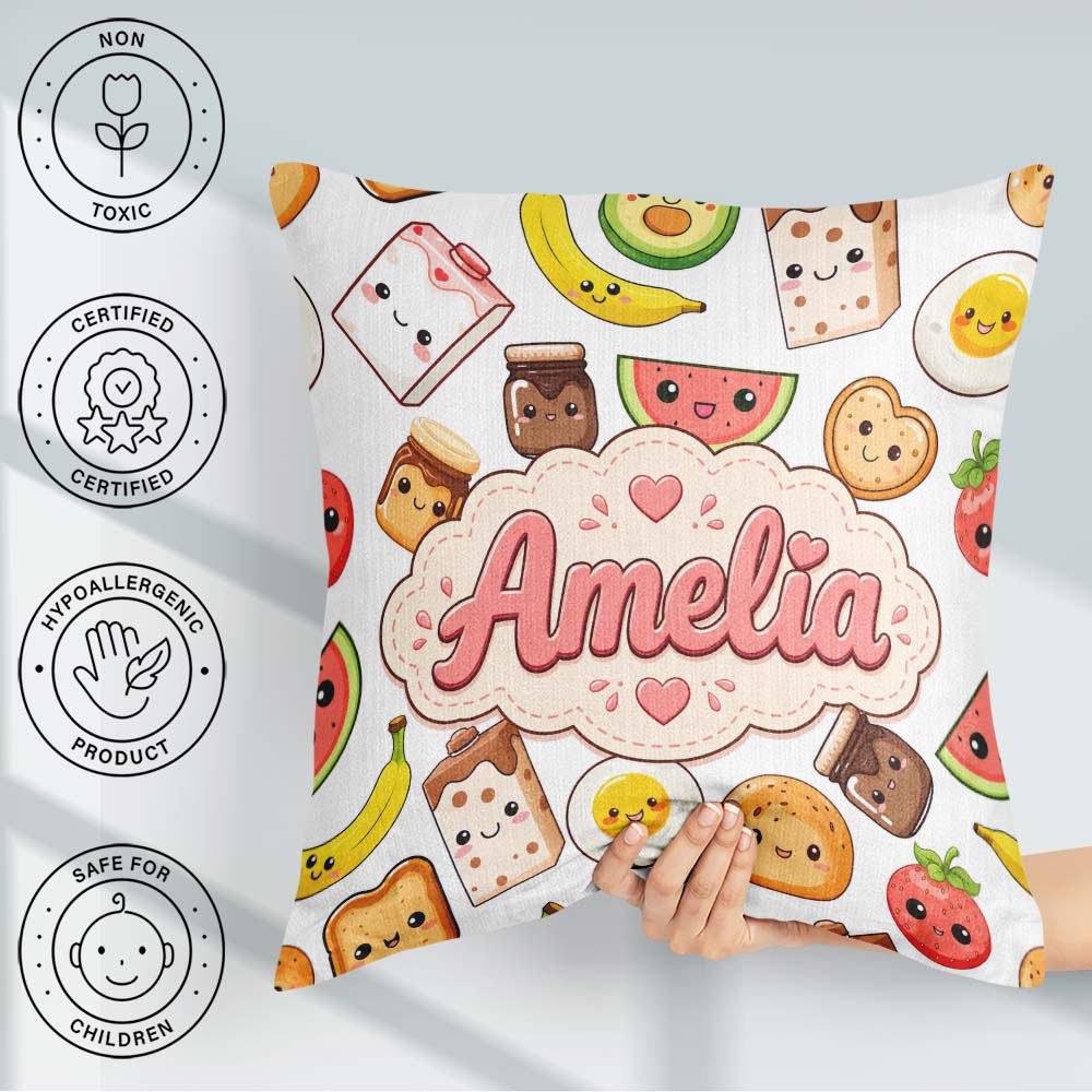 Custom Name Kawaii Breakfast Food Characters on White Background Square Filled Cushion Throw Pillow Sofa Bed Home Decor Zip Washable UK Made