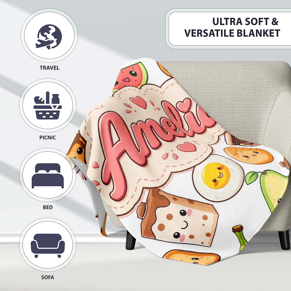 Cute Kawaii Breakfast Food Characters on White Background Seamless Personalised Custom Name Super Soft Fleece Blanket Bed Sofa Throw