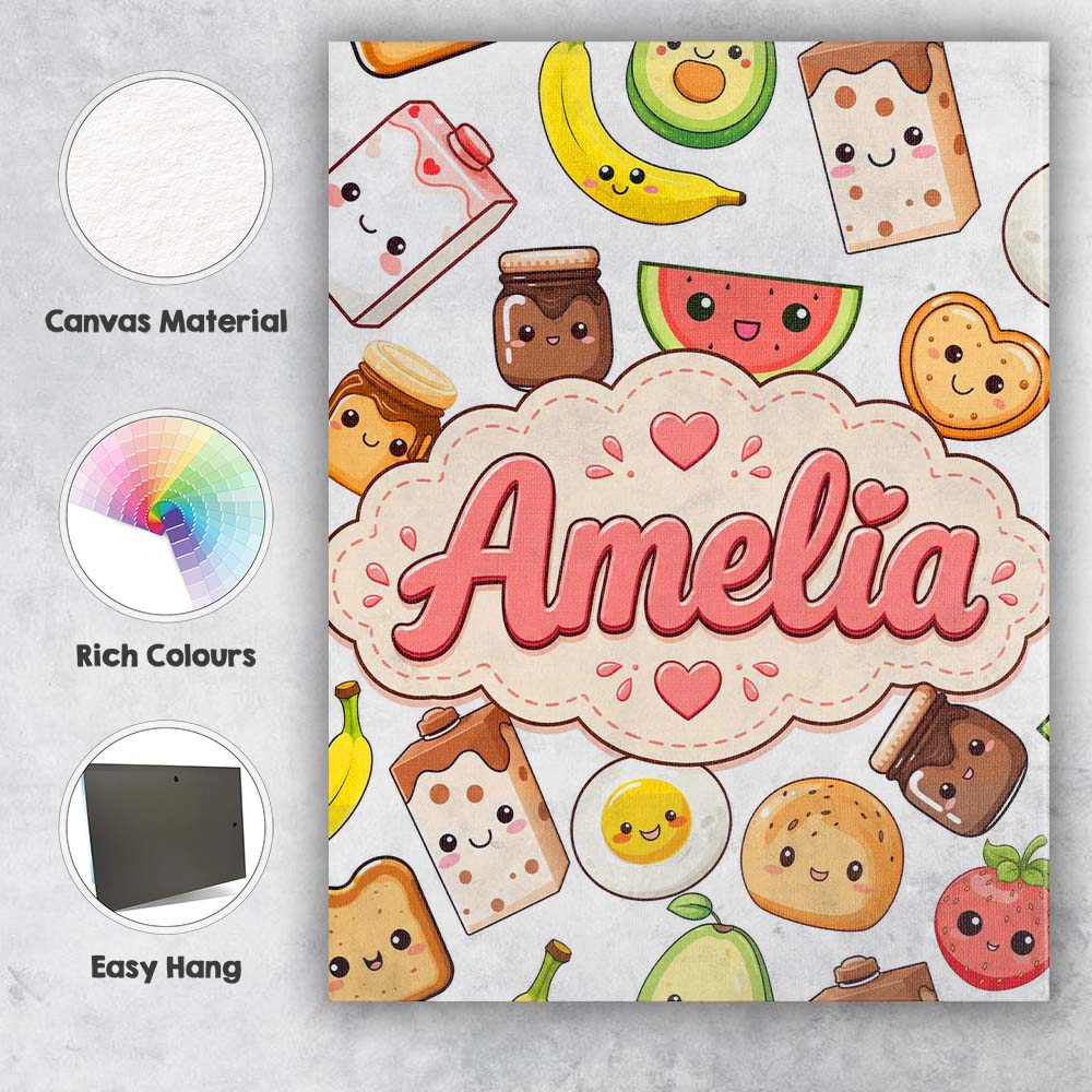 Personalised Name Cute Kawaii Breakfast Custom Modern Room Accent Elegant Feature Canvas Wall Art Print Decor Picture Ready to Hang
