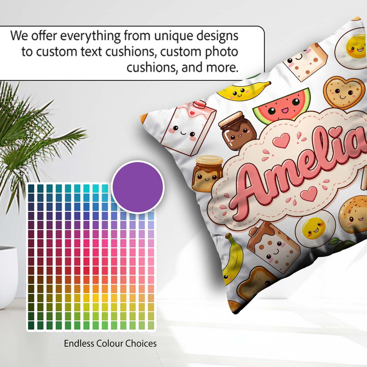 Custom Name Kawaii Breakfast Food Characters on White Background Square Filled Cushion Throw Pillow Sofa Bed Home Decor Zip Washable UK Made