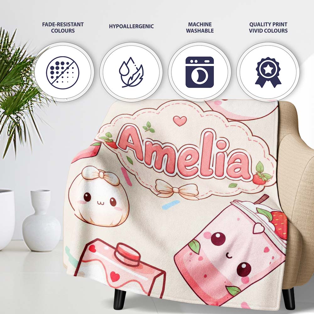 Cute Kawaii Strawberry Drinks and Cat Cups on Cream Background Personalised Custom Name Super Soft Fleece Blanket Bed Sofa Throw