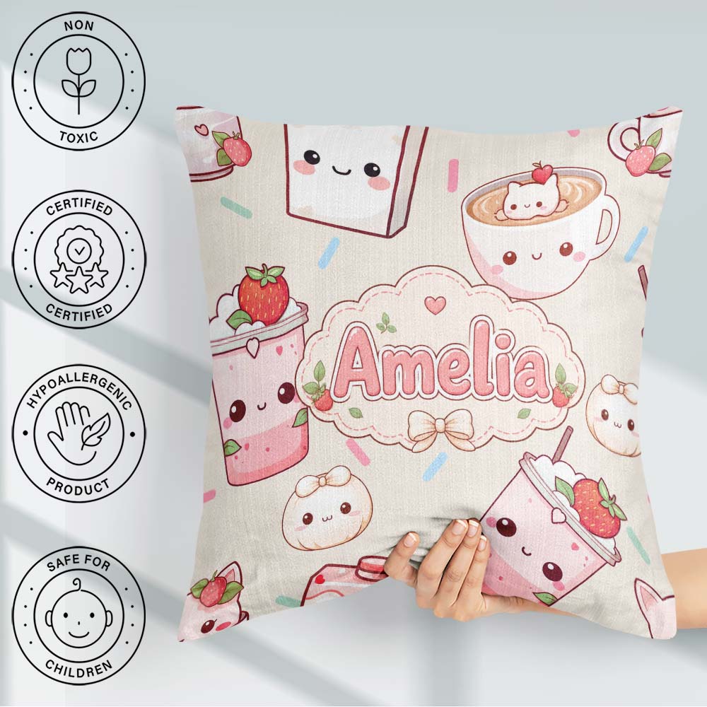 Custom Name Cute Kawaii Strawberry Drinks and Cat Cups on Cream Square Filled Cushion Throw Pillow Sofa Bed Home Decor Zip Washable UK Made