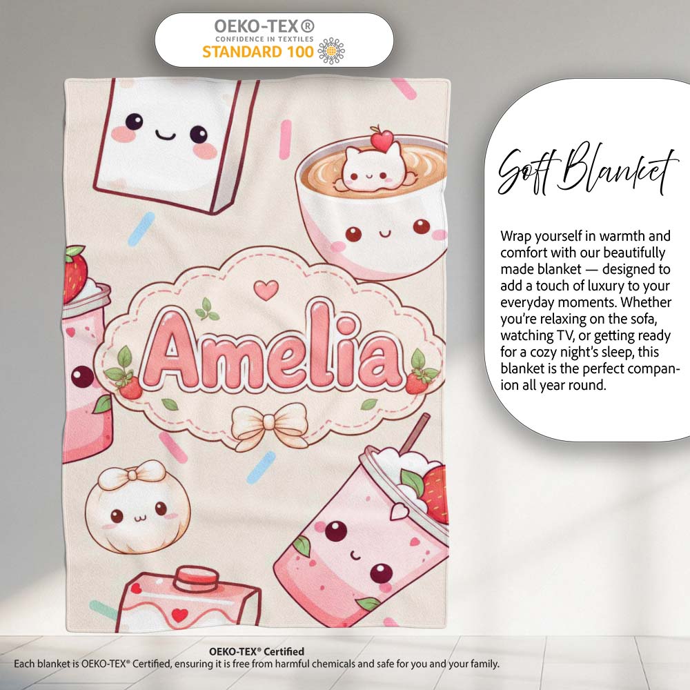 Cute Kawaii Strawberry Drinks and Cat Cups on Cream Background Personalised Custom Name Super Soft Fleece Blanket Bed Sofa Throw