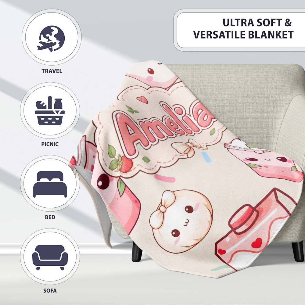Cute Kawaii Strawberry Drinks and Cat Cups on Cream Background Personalised Custom Name Super Soft Fleece Blanket Bed Sofa Throw