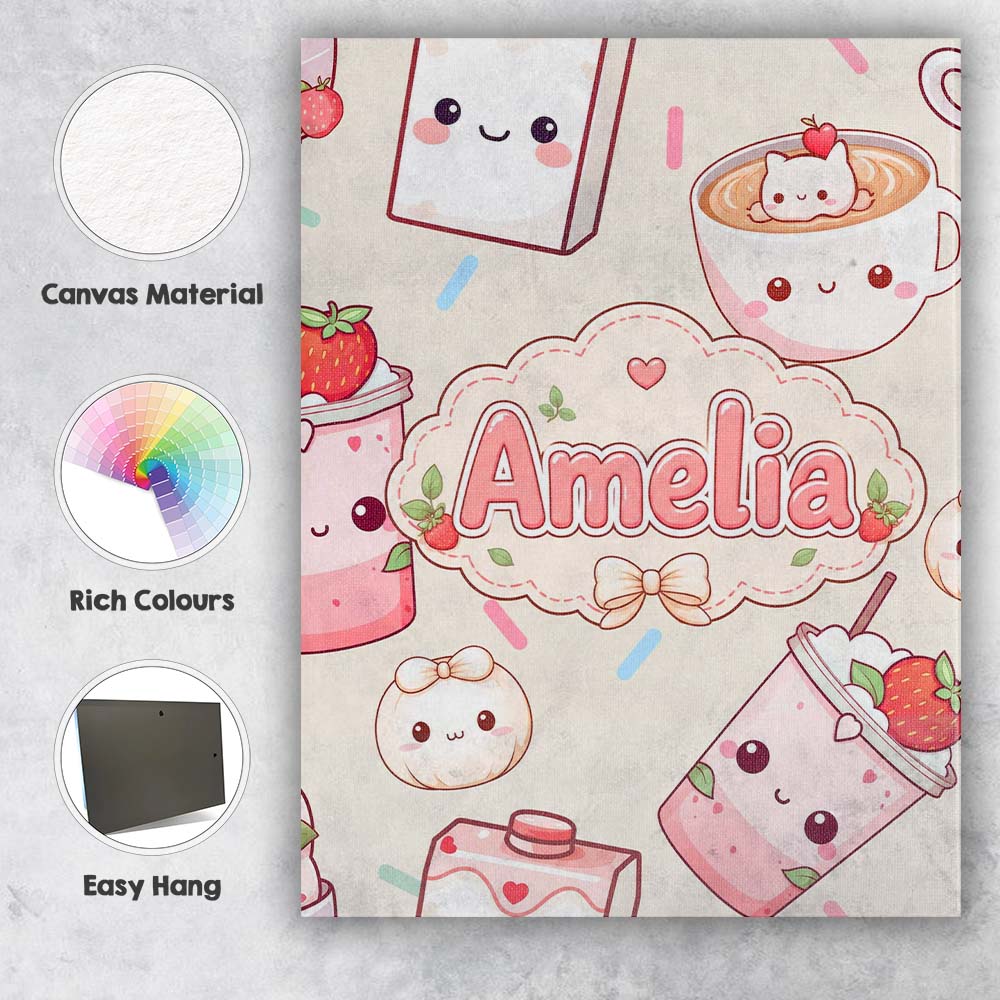 Personalised Name Cute Kawaii Strawberry Custom Unique Gift Idea Elegant Feature Canvas Wall Art Print Decor Picture Ready to Hang