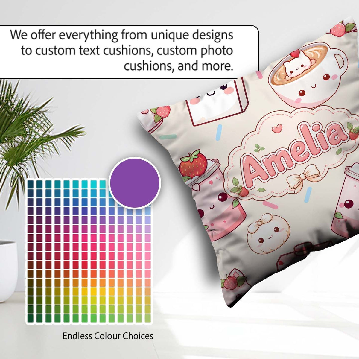 Custom Name Cute Kawaii Strawberry Drinks and Cat Cups on Cream Square Filled Cushion Throw Pillow Sofa Bed Home Decor Zip Washable UK Made