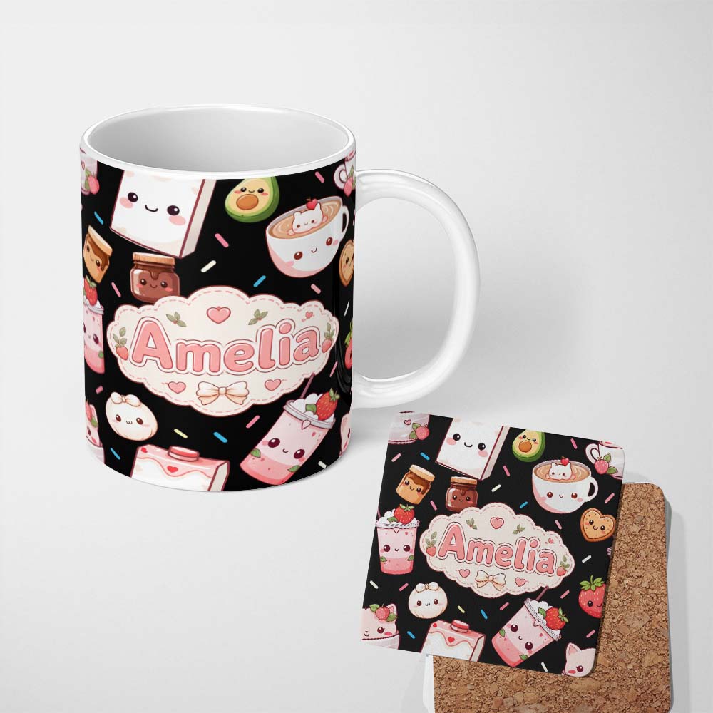 Personalized Custom Name Cute Kawaii Strawberry Drinks and Cat Cups on Black Background 11oz Ceramic Coffee Tea Mug White Large Handle
